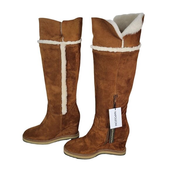 Made In Italy Suede Knee high Tall Long Wedge Heeled Boots Cognac | US 9 EU 39 - Picture 4 of 16